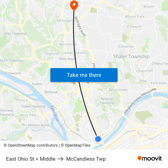 East Ohio St + Middle to McCandless Twp map