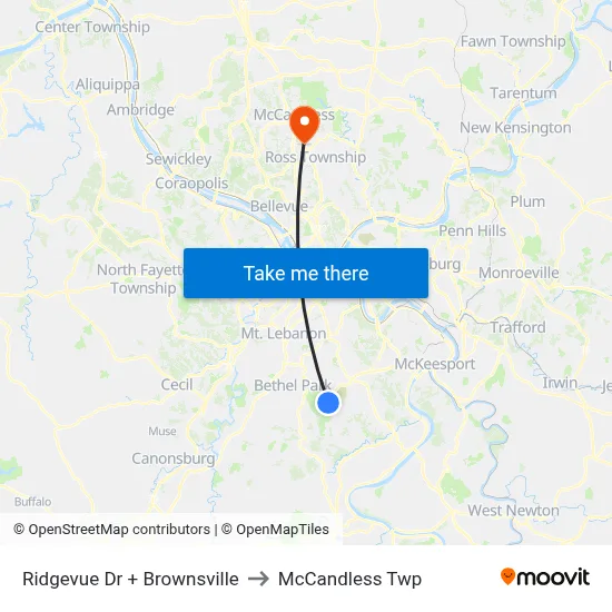 Ridgevue Dr + Brownsville to McCandless Twp map