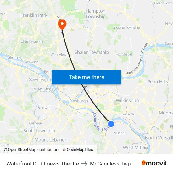 Waterfront Dr + Loews Theatre to McCandless Twp map