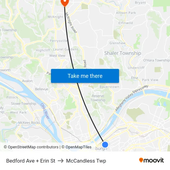 Bedford Ave + Erin St to McCandless Twp map
