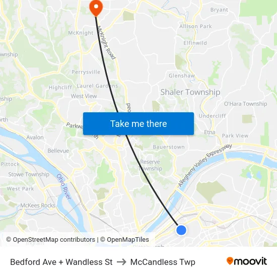 Bedford Ave + Wandless St to McCandless Twp map