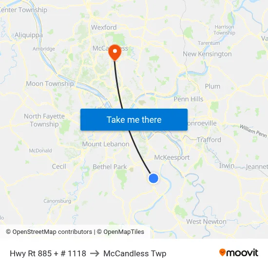 Hwy Rt 885 + # 1118 to McCandless Twp map