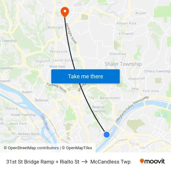 31st St Bridge Ramp + Rialto St to McCandless Twp map