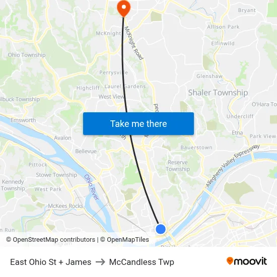 East Ohio St + James to McCandless Twp map