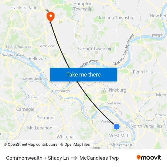 Commonwealth + Shady Ln to McCandless Twp map