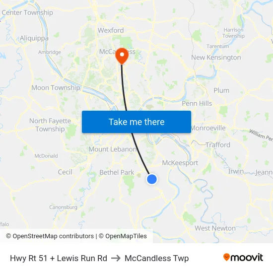Hwy Rt 51 + Lewis Run Rd to McCandless Twp map