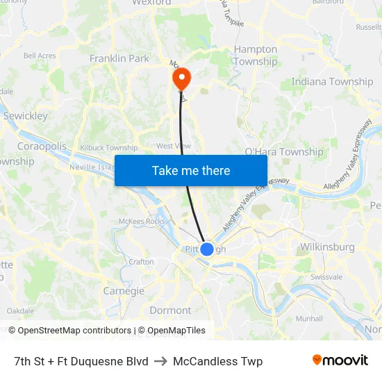 7th St + Ft Duquesne Blvd to McCandless Twp map
