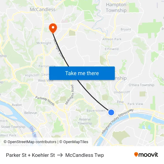 Parker St + Koehler St to McCandless Twp map