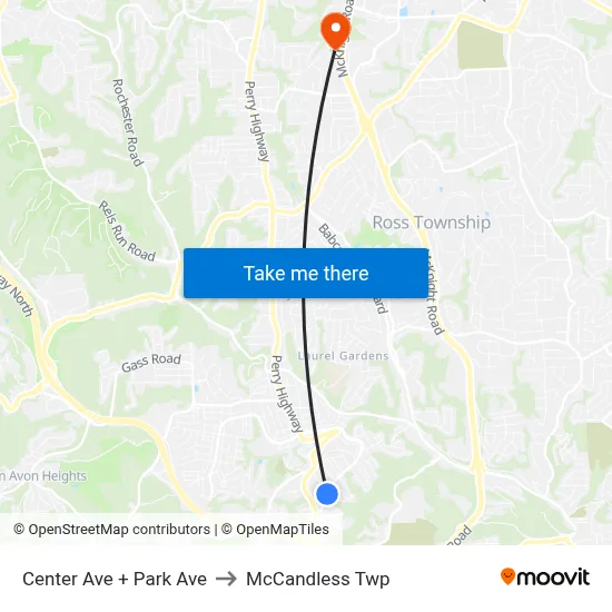 Center Ave + Park Ave to McCandless Twp map
