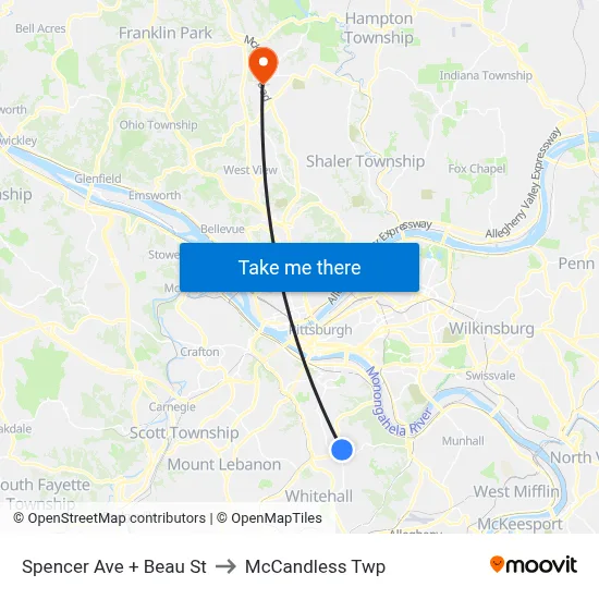 Spencer Ave + Beau St to McCandless Twp map