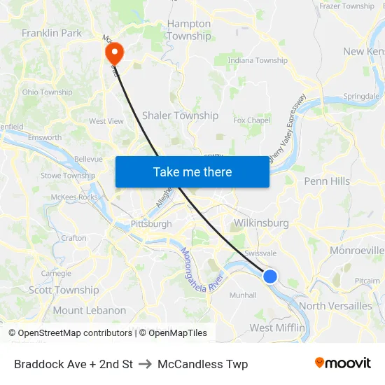 Braddock Ave + 2nd St to McCandless Twp map