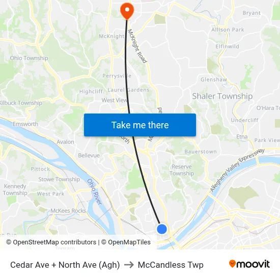 Cedar Ave + North Ave (Agh) to McCandless Twp map