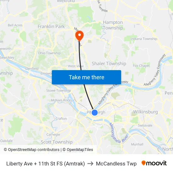 Liberty Ave + 11th St FS (Amtrak) to McCandless Twp map