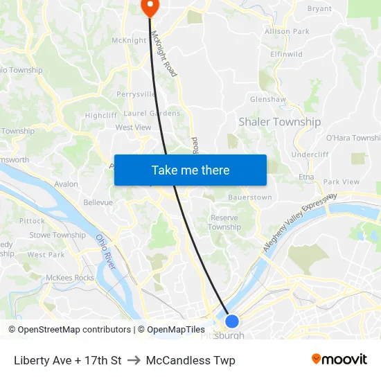 Liberty Ave + 17th St to McCandless Twp map