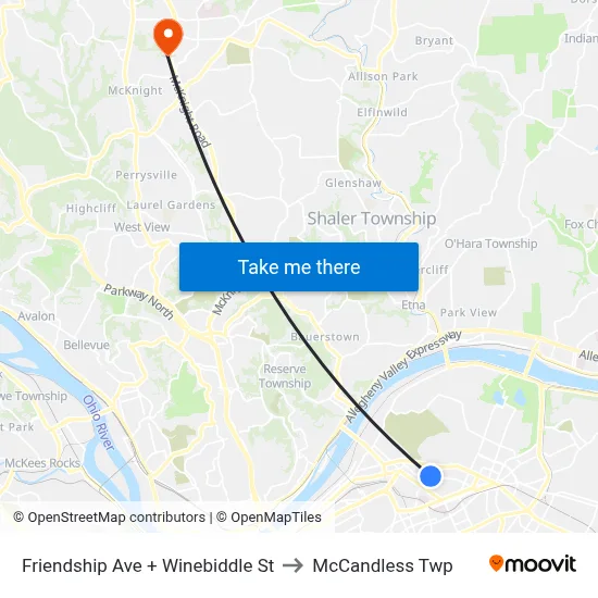Friendship Ave + Winebiddle St to McCandless Twp map