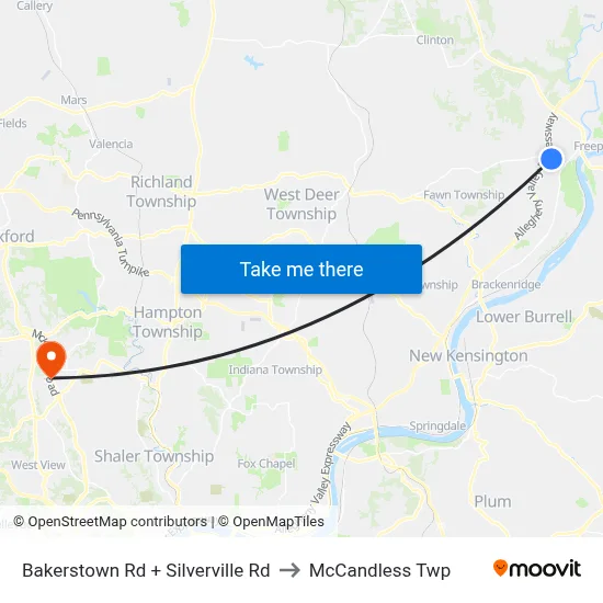 Bakerstown Rd + Silverville Rd to McCandless Twp map
