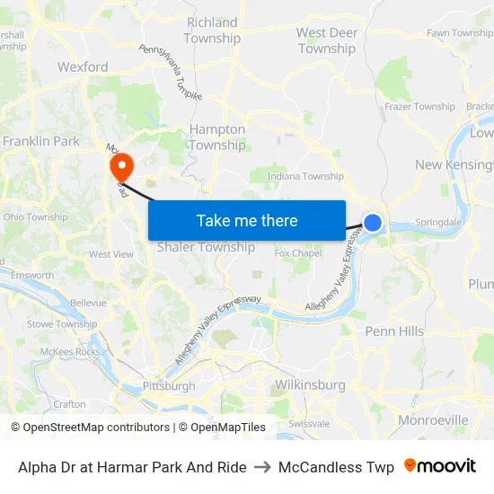 Alpha Dr at Harmar Park And Ride to McCandless Twp map