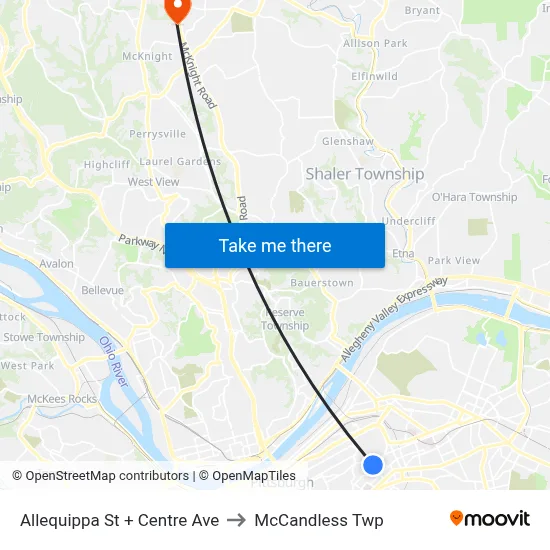 Allequippa St + Centre Ave to McCandless Twp map