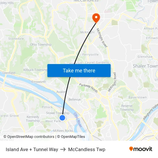Island Ave + Tunnel Way to McCandless Twp map