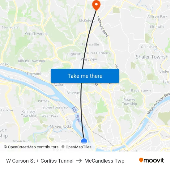 W Carson St + Corliss Tunnel to McCandless Twp map