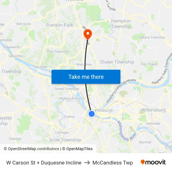 W Carson St + Duquesne Incline to McCandless Twp map