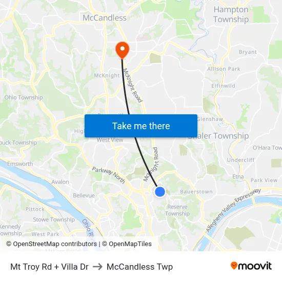 Mt Troy Rd + Villa Dr to McCandless Twp map