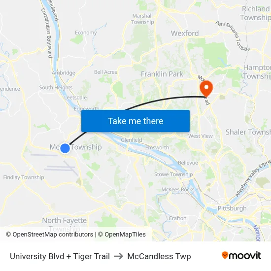 University Blvd + Tiger Trail to McCandless Twp map