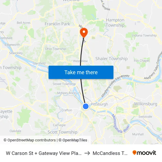 W Carson St + Gateway View Plaza to McCandless Twp map