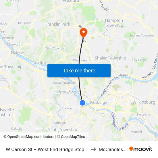 W Carson St + West End Bridge Steps (Underpass) to McCandless Twp map