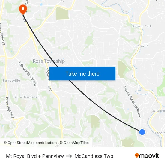 Mt Royal Blvd + Pennview to McCandless Twp map