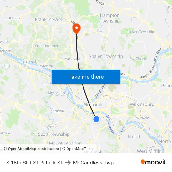 S 18th St + St Patrick St to McCandless Twp map