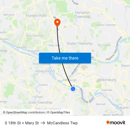 S 18th St + Mary St to McCandless Twp map