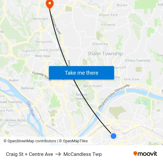 Craig St + Centre Ave to McCandless Twp map