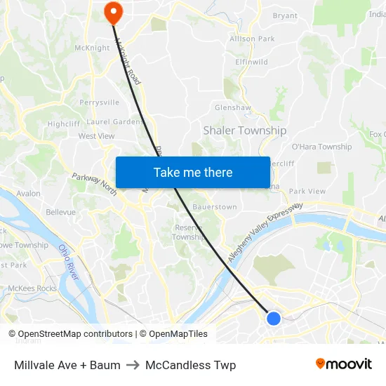 Millvale Ave + Baum to McCandless Twp map