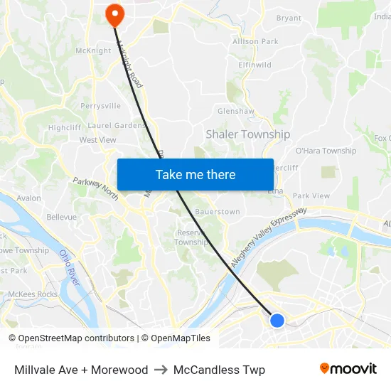 Millvale Ave + Morewood to McCandless Twp map