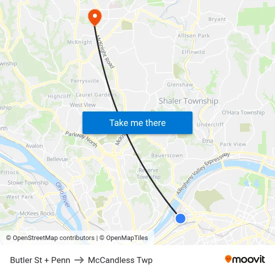 Butler St + Penn to McCandless Twp map