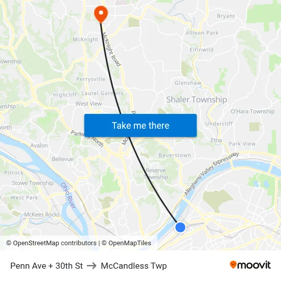 Penn Ave + 30th St to McCandless Twp map