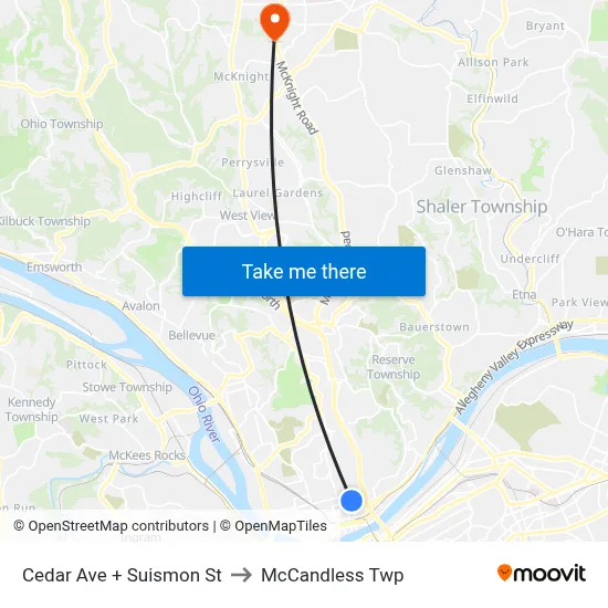 Cedar Ave + Suismon St to McCandless Twp map