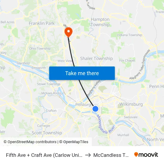 Fifth Ave + Craft Ave (Carlow Univ) to McCandless Twp map
