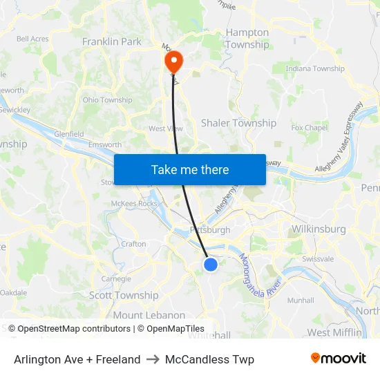 Arlington Ave + Freeland to McCandless Twp map