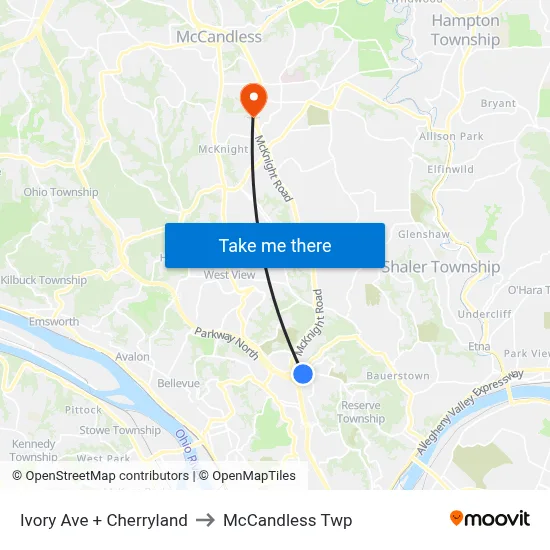 Ivory Ave + Cherryland to McCandless Twp map