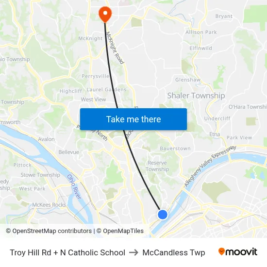 Troy Hill Rd + N Catholic School to McCandless Twp map