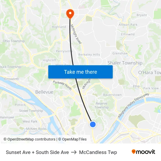 Sunset Ave + South Side Ave to McCandless Twp map