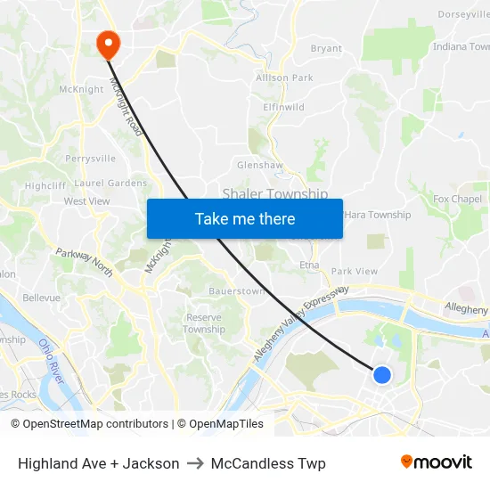 Highland Ave + Jackson to McCandless Twp map