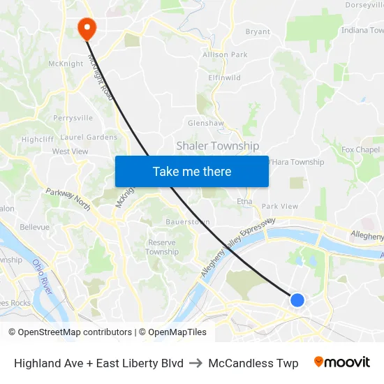 Highland Ave + East Liberty Blvd to McCandless Twp map