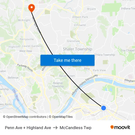 Penn Ave + Highland Ave to McCandless Twp map