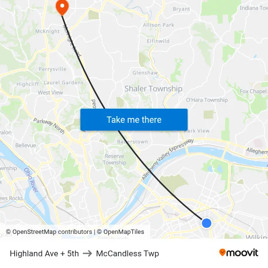 Highland Ave + 5th to McCandless Twp map