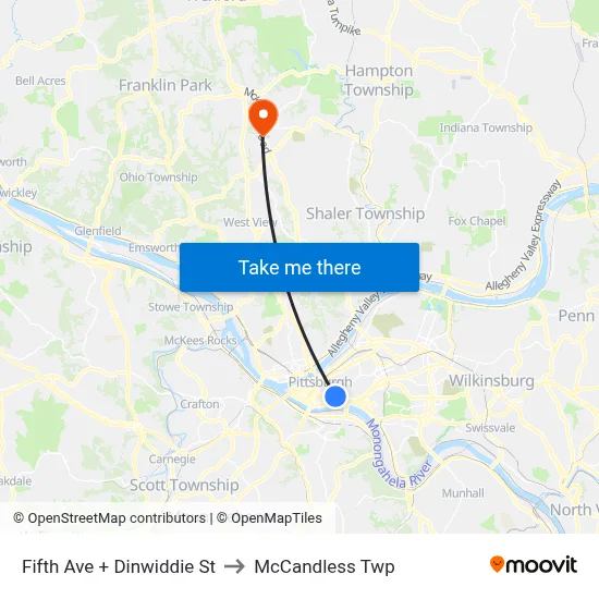 Fifth Ave + Dinwiddie St to McCandless Twp map