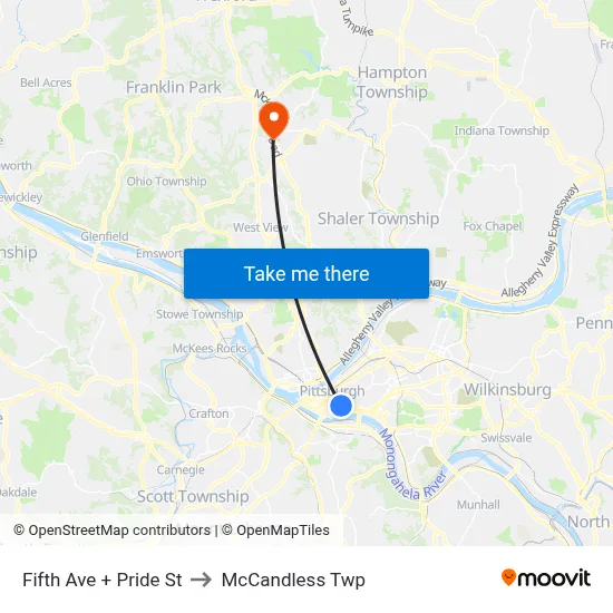 Fifth Ave + Pride St to McCandless Twp map