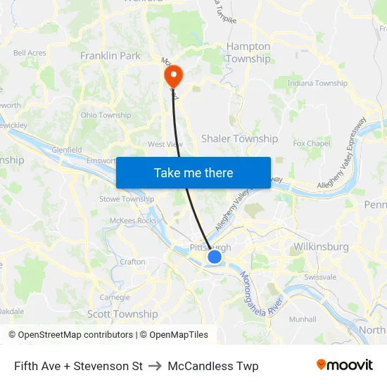 Fifth Ave + Stevenson St to McCandless Twp map